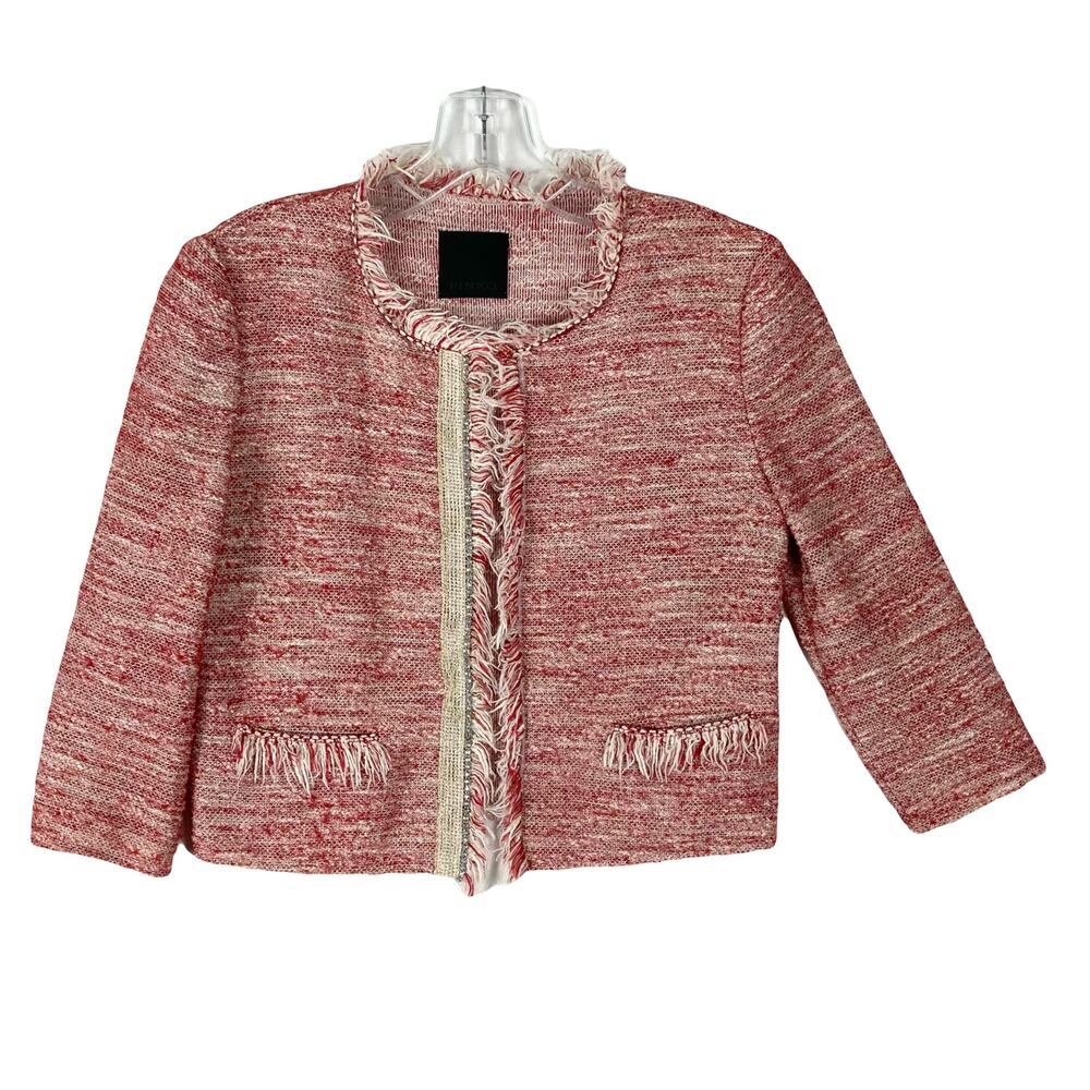 PINKO Jacket 4 ITALY Pink Tweed Gold-Silver-Trim Fringe-Edge Linen-Cotton-blend